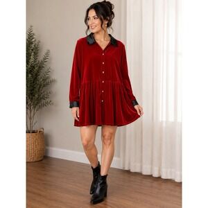 ModCloth Red Velvet Babydoll Dress Skull Buttons Black Satin Trim NWT 2X